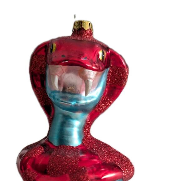 Red King Cobra Snake Christmas Ornament Blown Glass Glitter Blue 4” Serpent - Picture 8 of 10